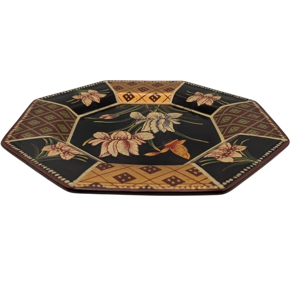 Vintage Oriental Accent Plate Octagon Decorative Butterfly Flowers Ceramic Black